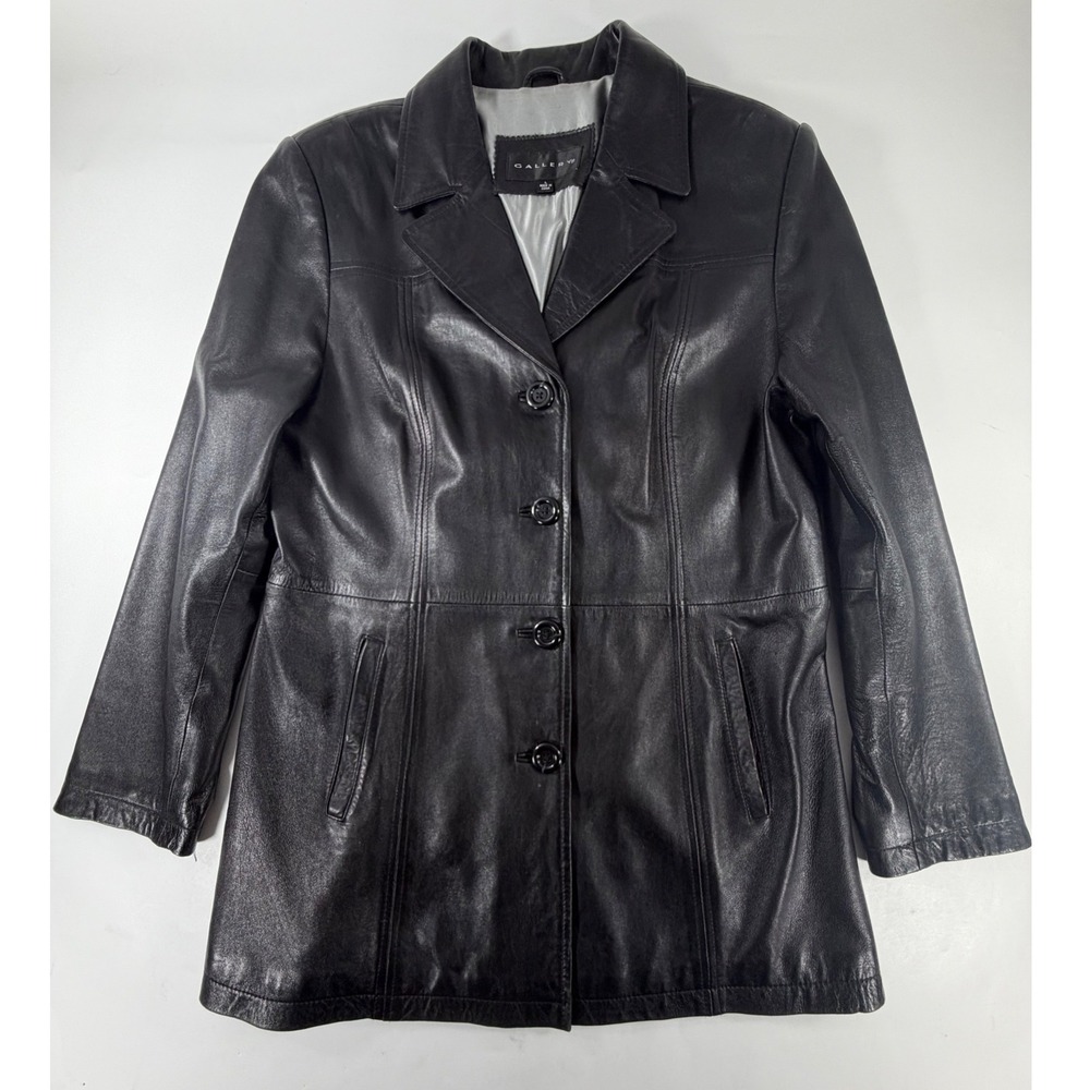 Gallery Black Genuine Leather Car Coat Jacket Womens Large 4 Button Mid Length